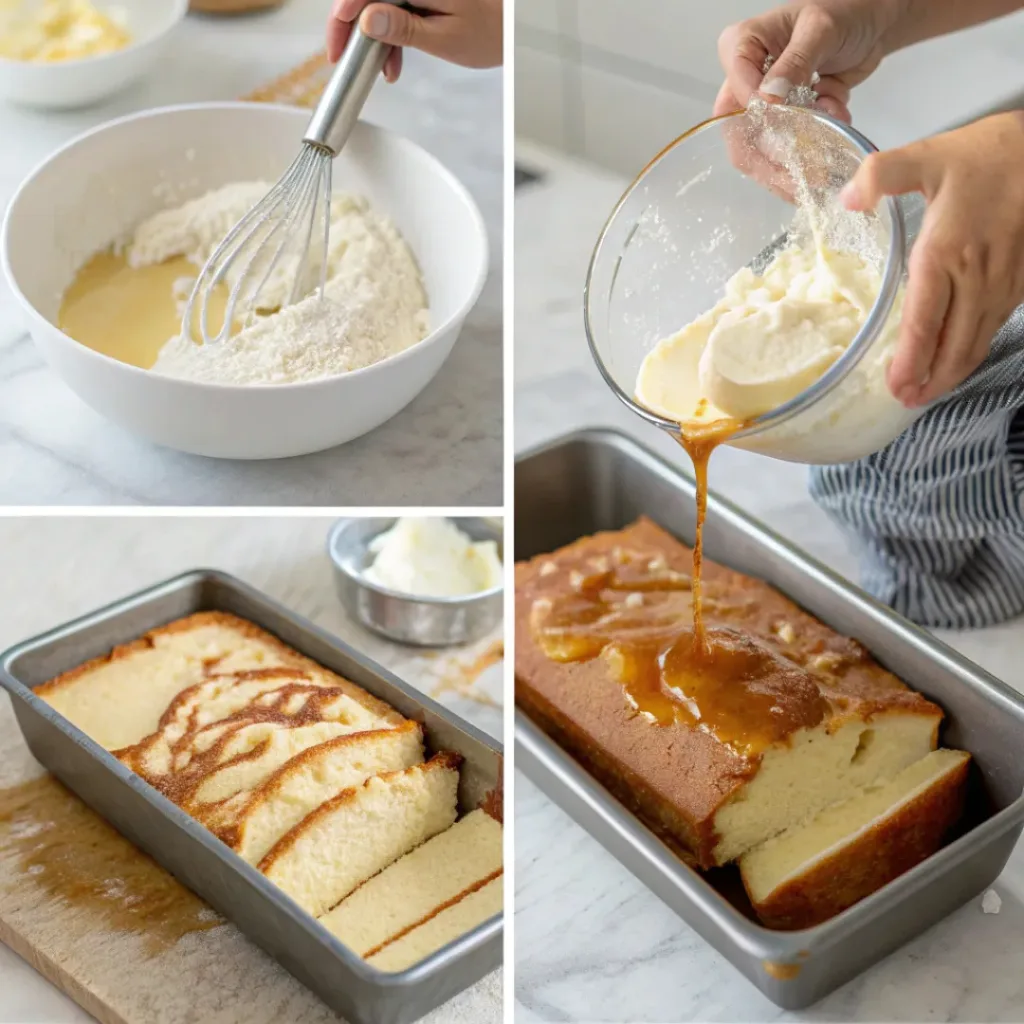 Collage showing steps to make Caramel Butterscotch Pound Cake
