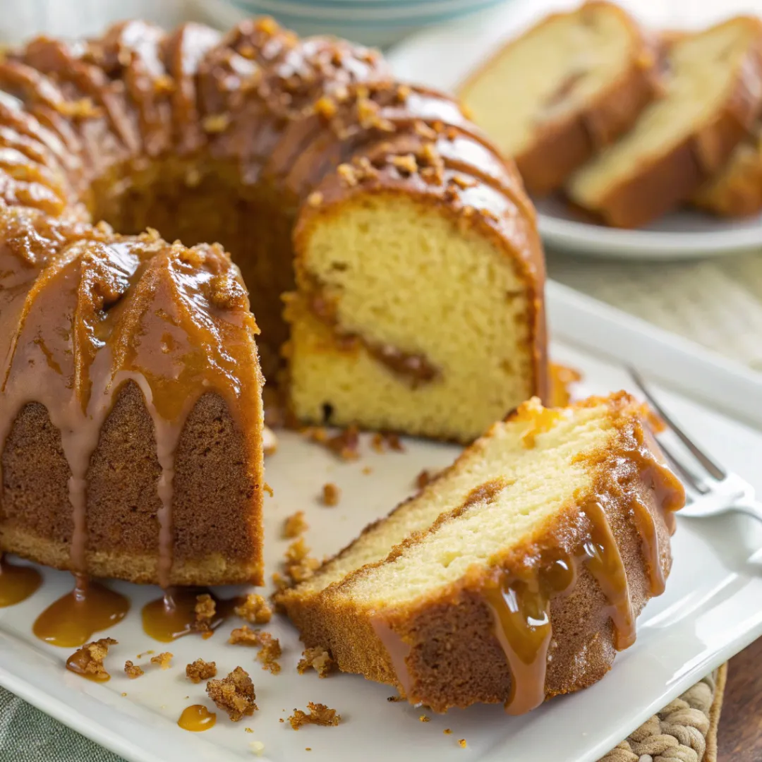 Sliced caramel butterscotch pound cake on a plate