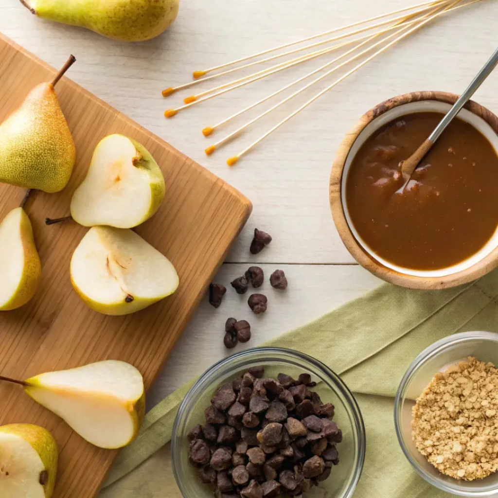 Sweet and Elegant Caramel Dipped Pears 6 Overhead flat lay of ingredients for caramel-dipped pears