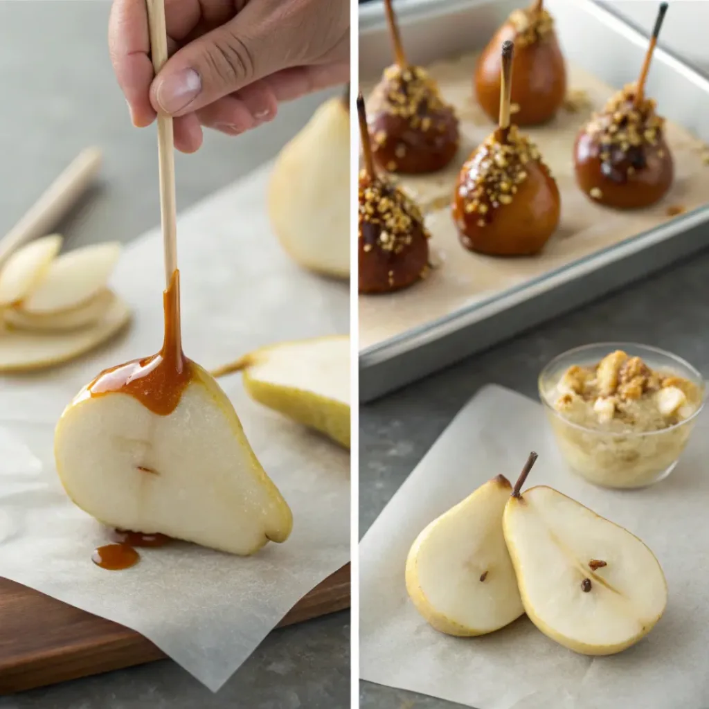 Sweet and Elegant Caramel Dipped Pears 7 Step-by-step collage showing preparation of caramel-dipped pears