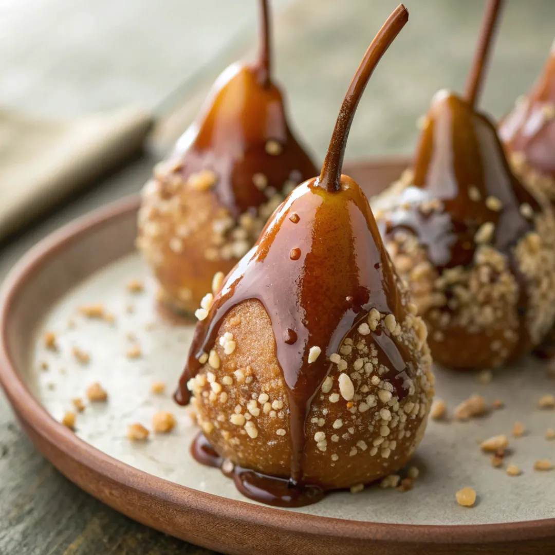 Juicy pears coated in caramel with optional nut topping