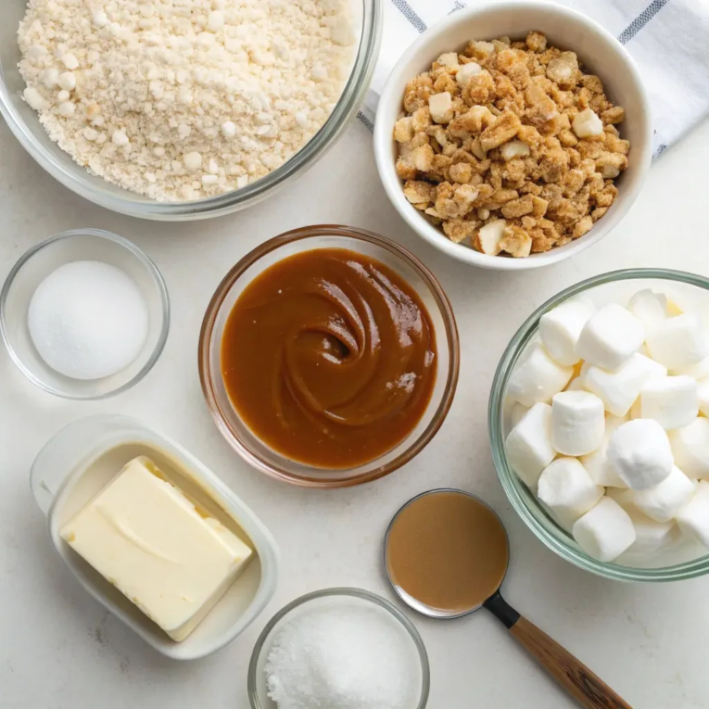 Flat lay of rice cereal, caramel, butter, and marshmallows