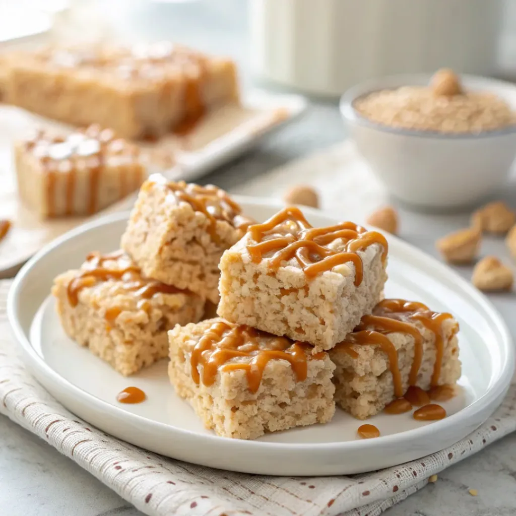 Caramel Rice Krispie Treats served on a platter
