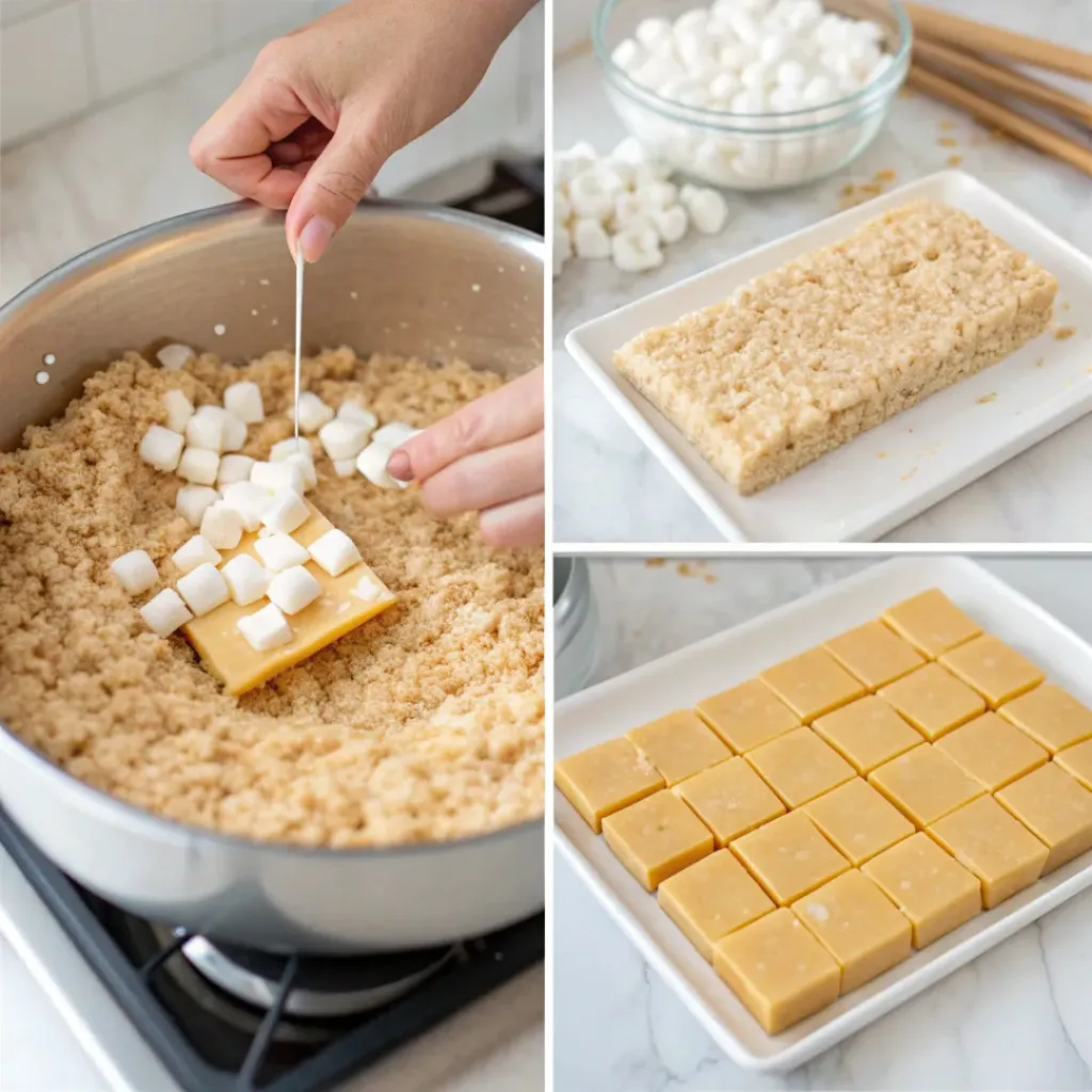 Collage showing steps to make Caramel Rice Krispie Treats