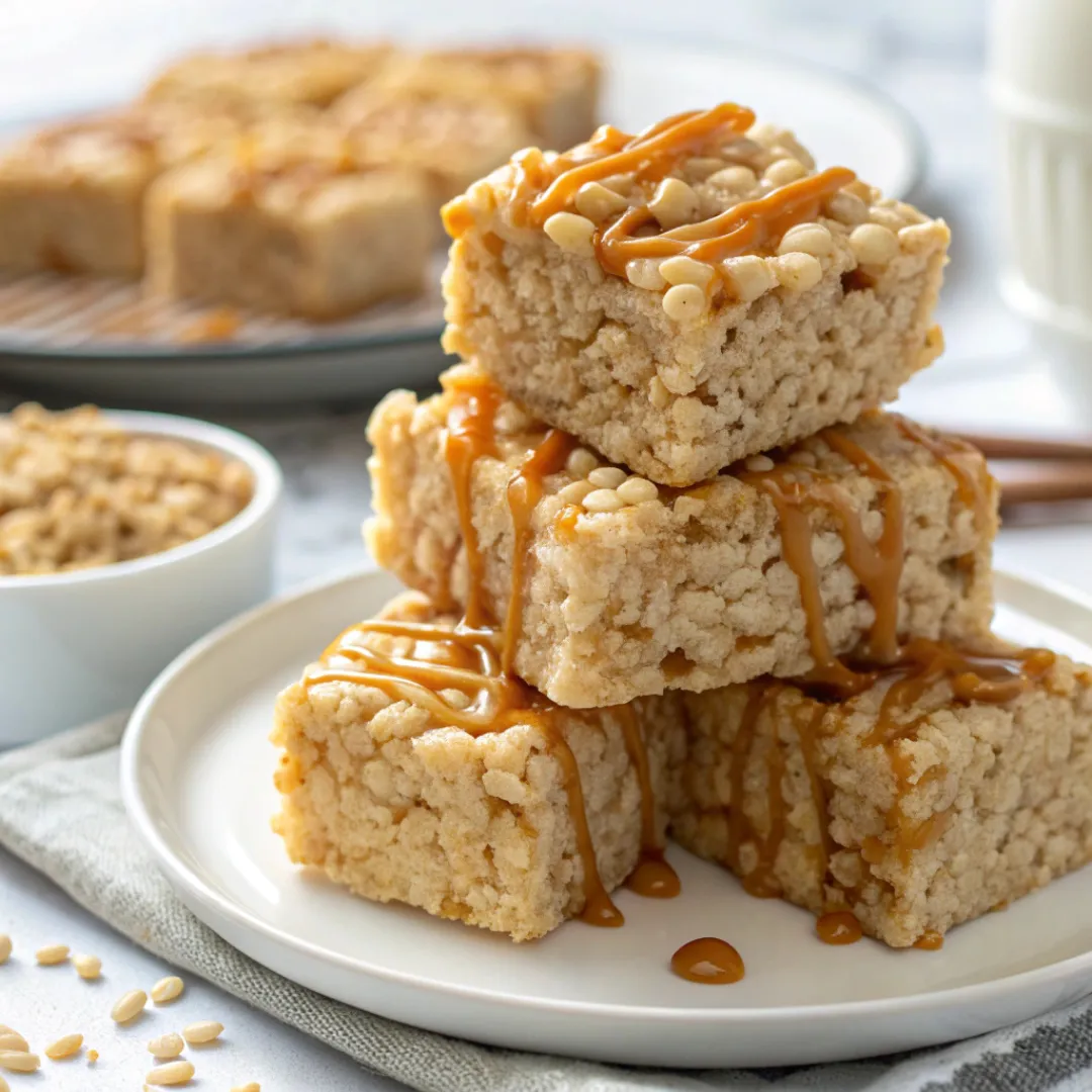 Caramel Rice Krispie Treats stacked on a plate