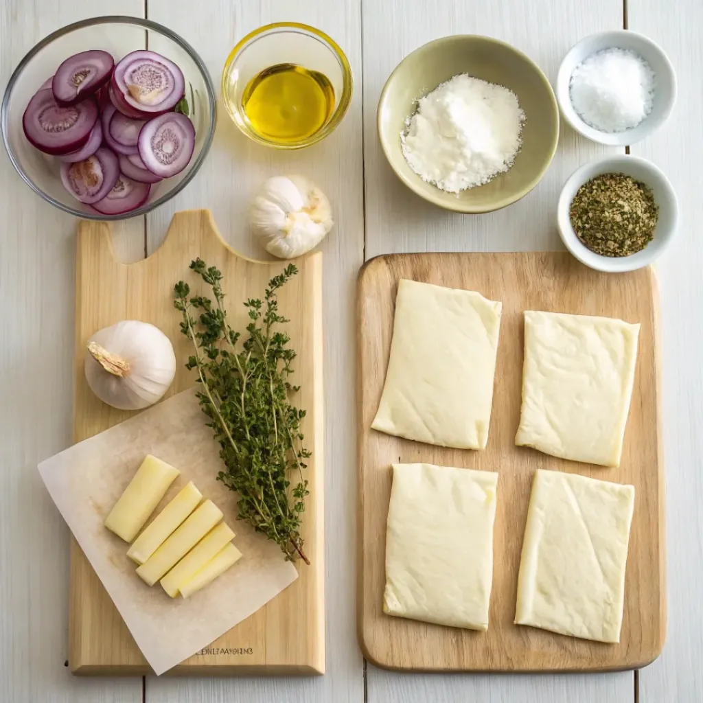 Flat lay of puff pastry, goat cheese, onions, butter, and herbs for appetizer