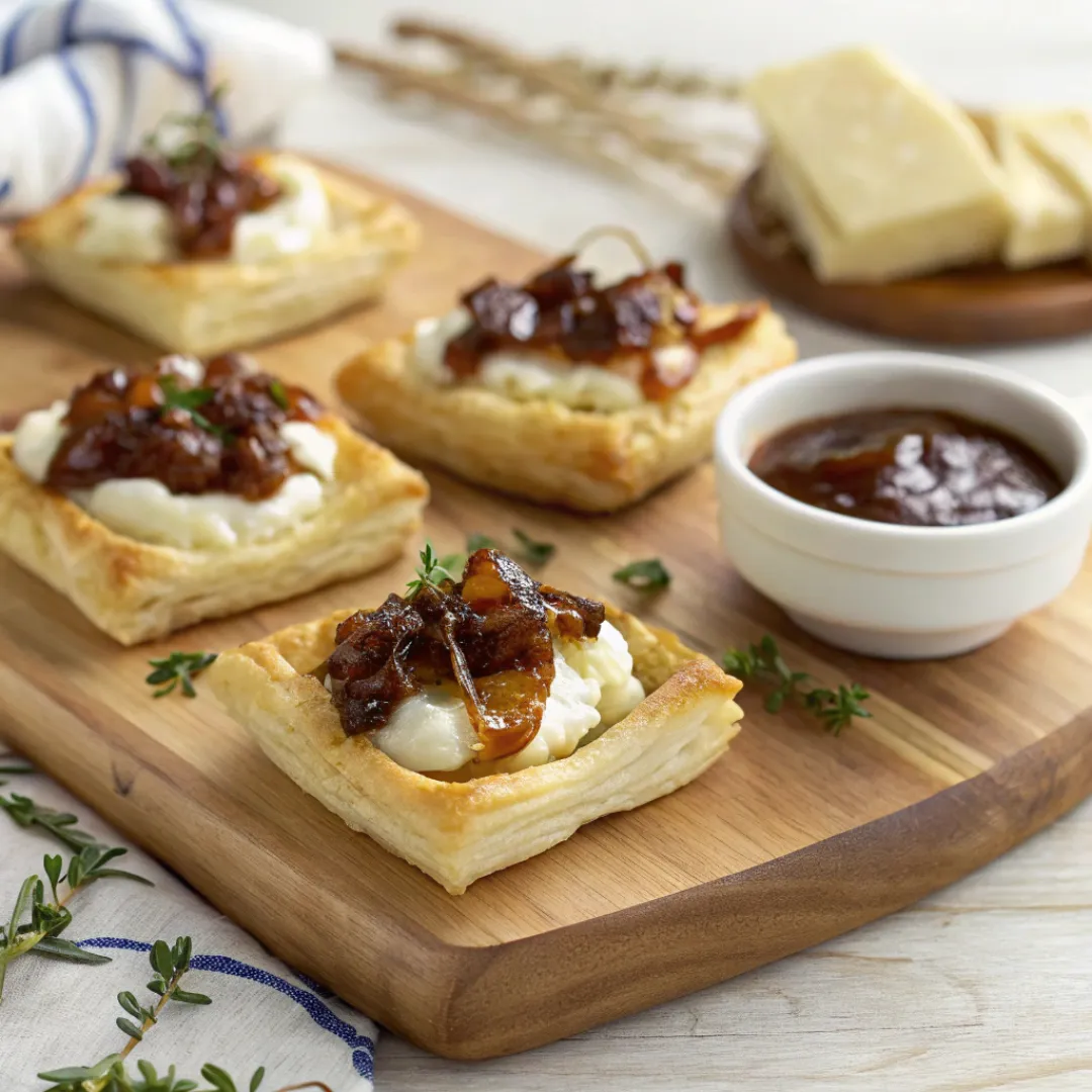 Golden caramelized onion and goat cheese bites on a wooden board with dipping sauce