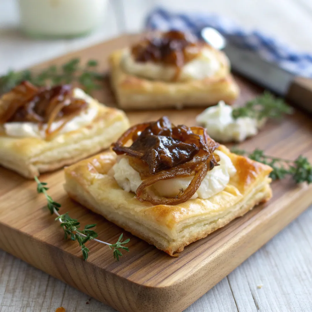 Bite-sized pastries with caramelized onions and creamy goat cheese