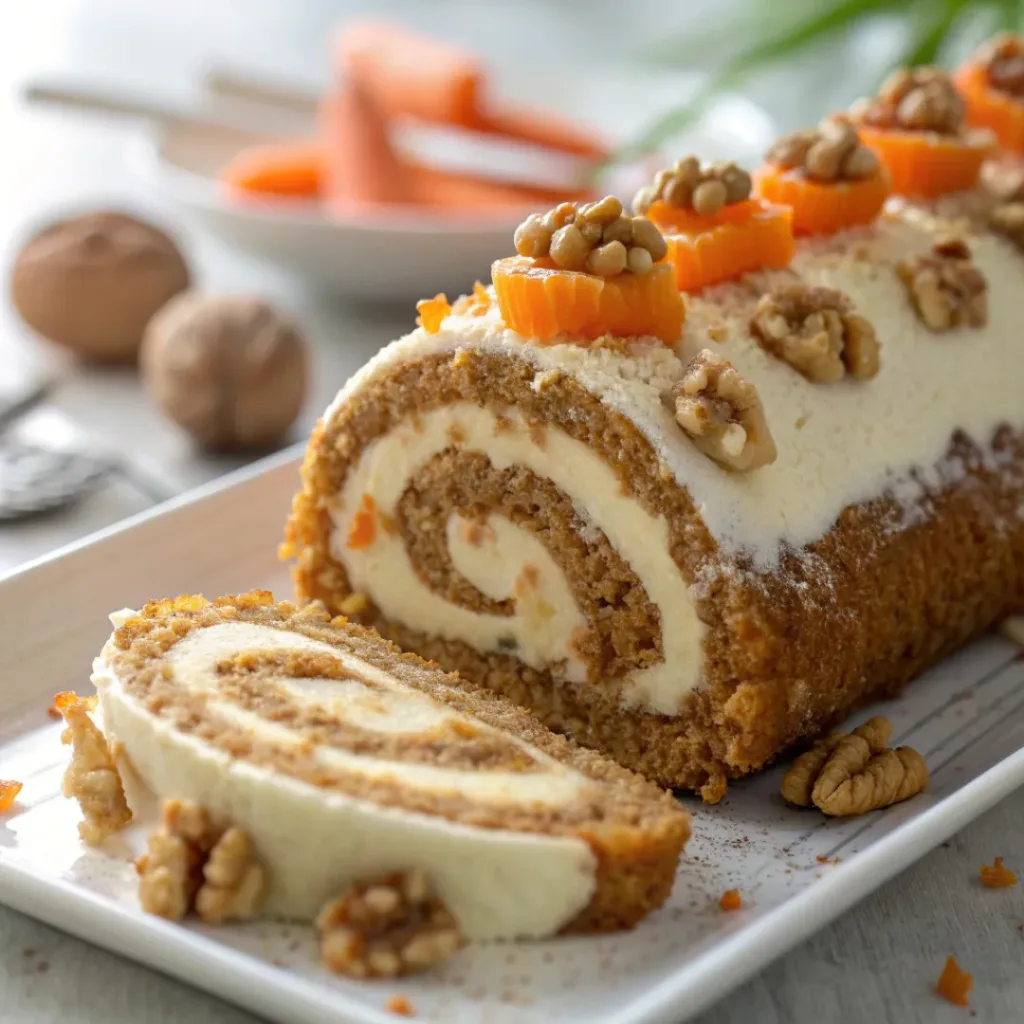 Sliced carrot cake roll with cream cheese filling and walnut garnish