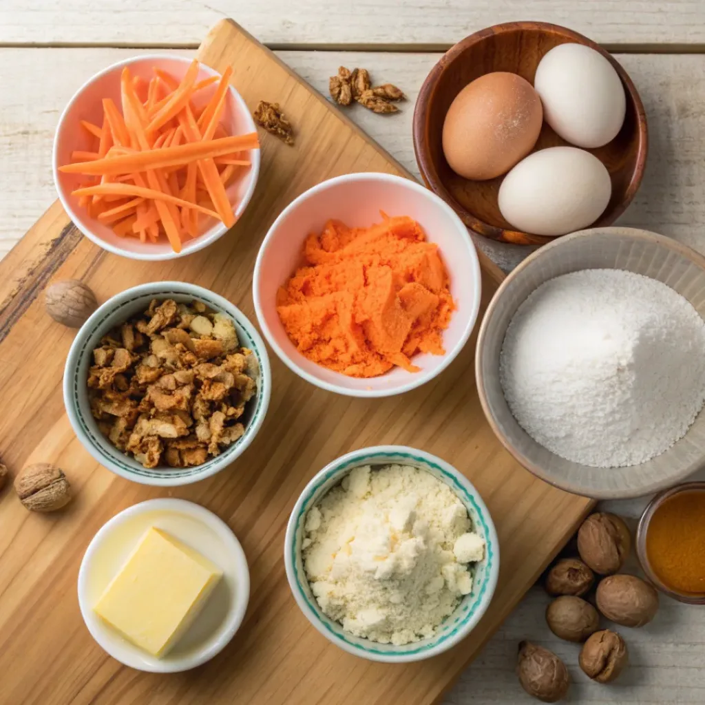 Flat lay of grated carrots, spices, cream cheese, sugar, and flour for carrot cake roll