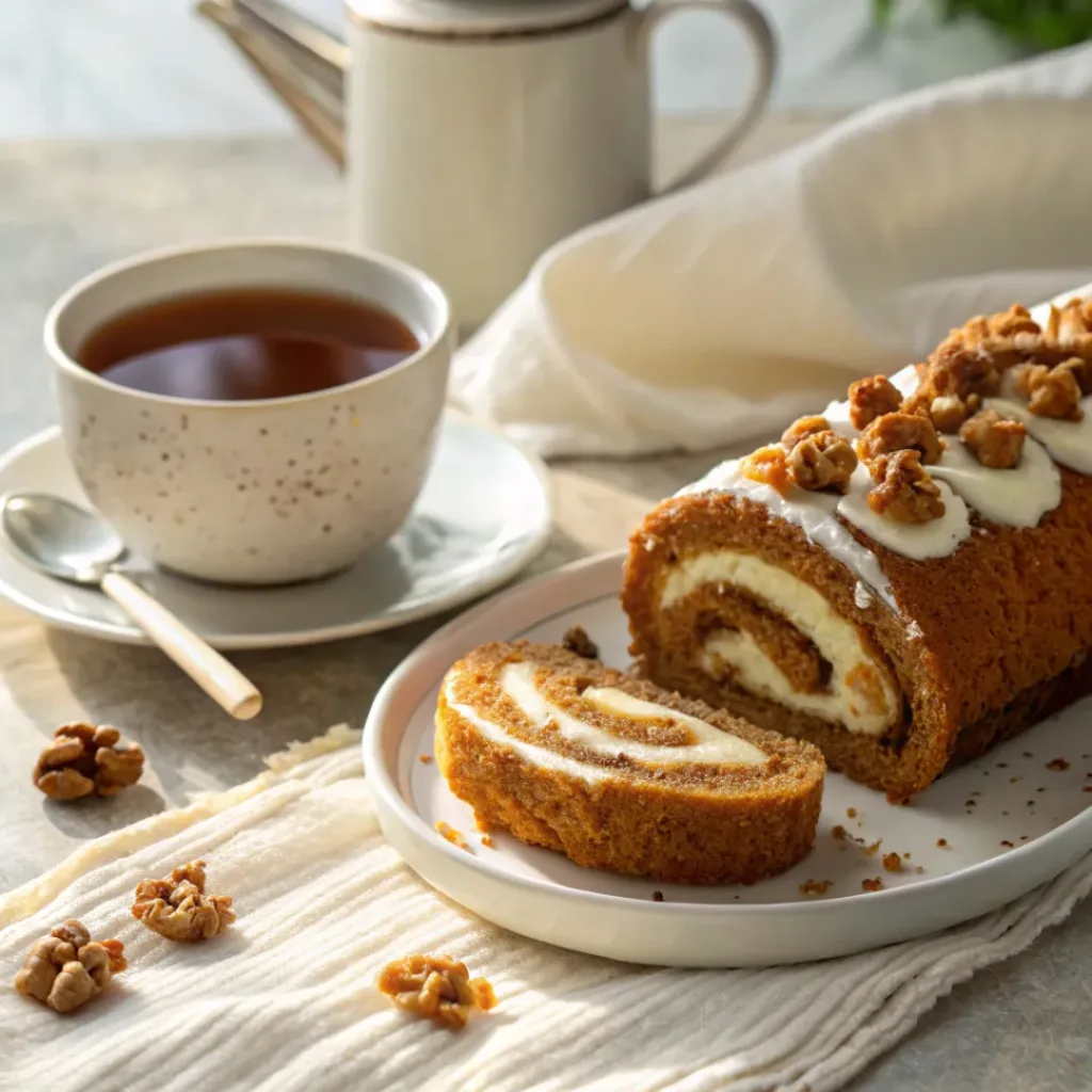 Sliced carrot cake roll with cream cheese filling, served with tea