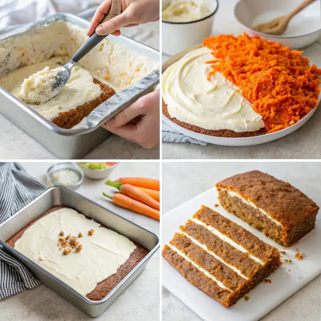 Step-by-step collage showing preparation of carrot cake roll