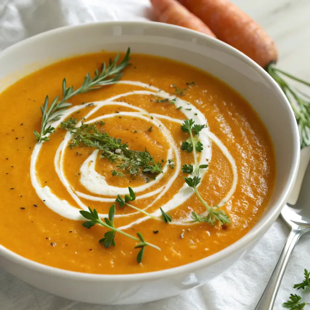 Bowl of Carrot Ginger Soup garnished with herbs and a drizzle of cream