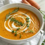 Bowl of Carrot Ginger Soup garnished with herbs and a drizzle of cream