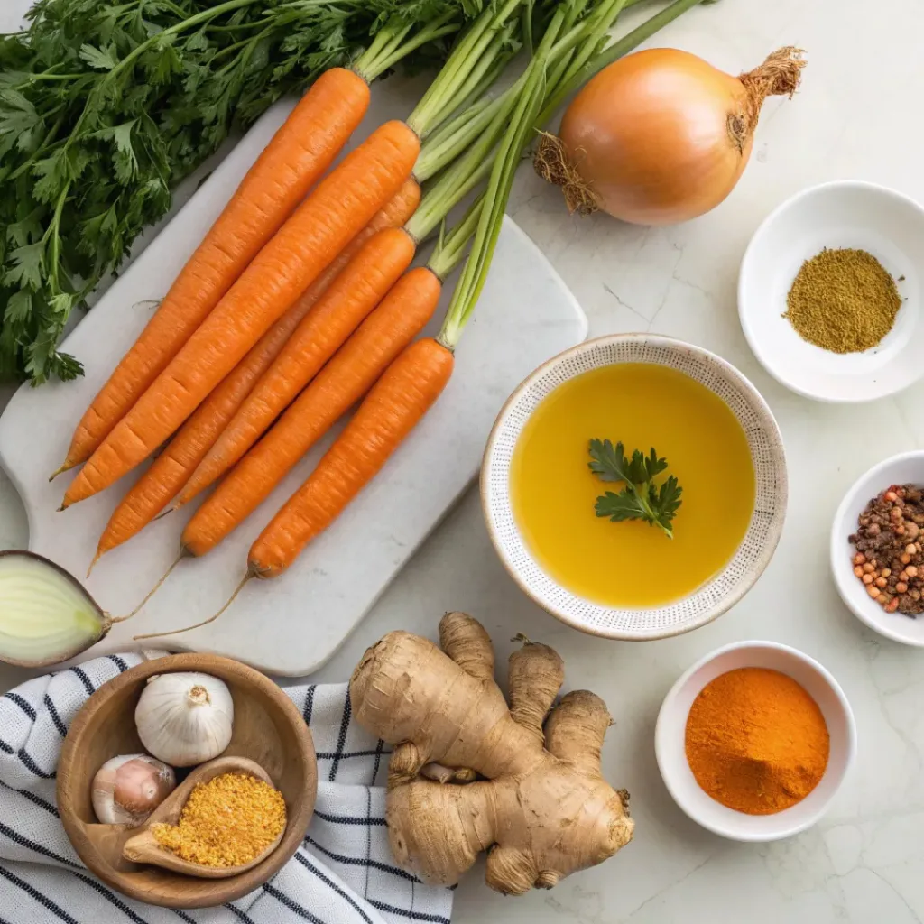 Flat lay of carrots, ginger, onion, garlic, broth, and spices