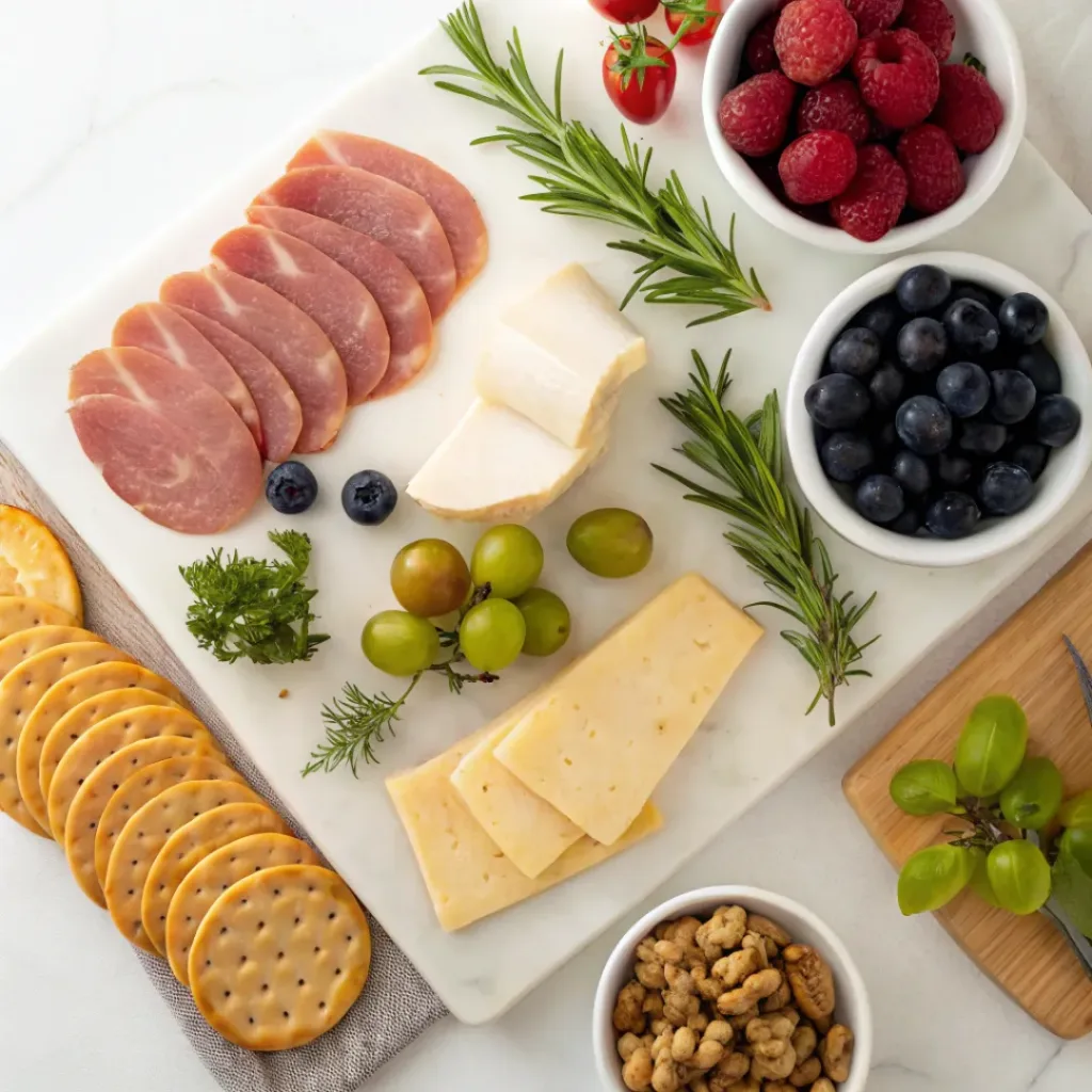 Flat lay of meats, cheeses, fruits, crackers, and nuts for a charcuterie board