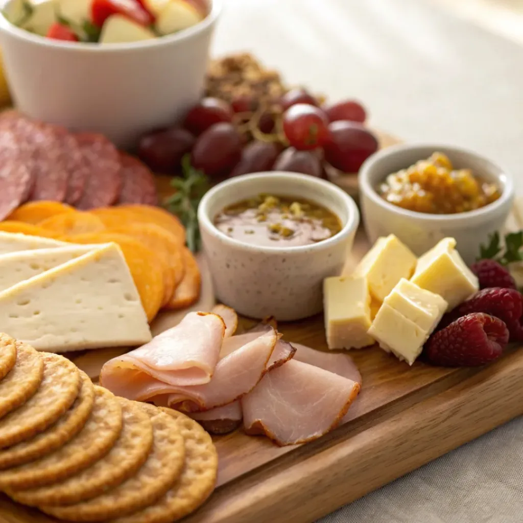Plated charcuterie board ready to serve with dipping sauces
