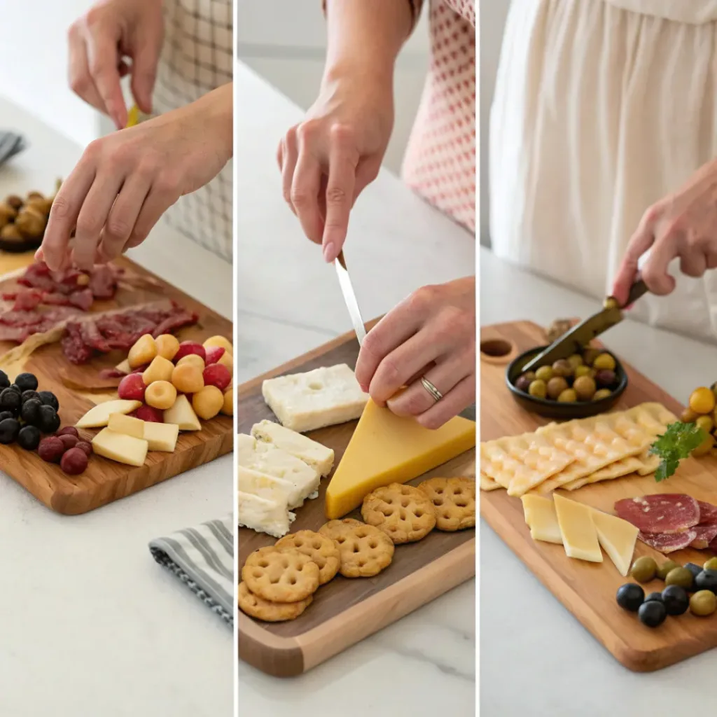 Collage showing the steps to assemble a charcuterie board
