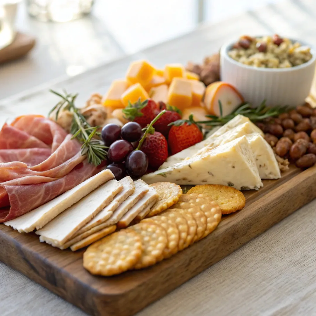 Elegant charcuterie board with slices of beef, turkey, chicken, cheeses, and fruits