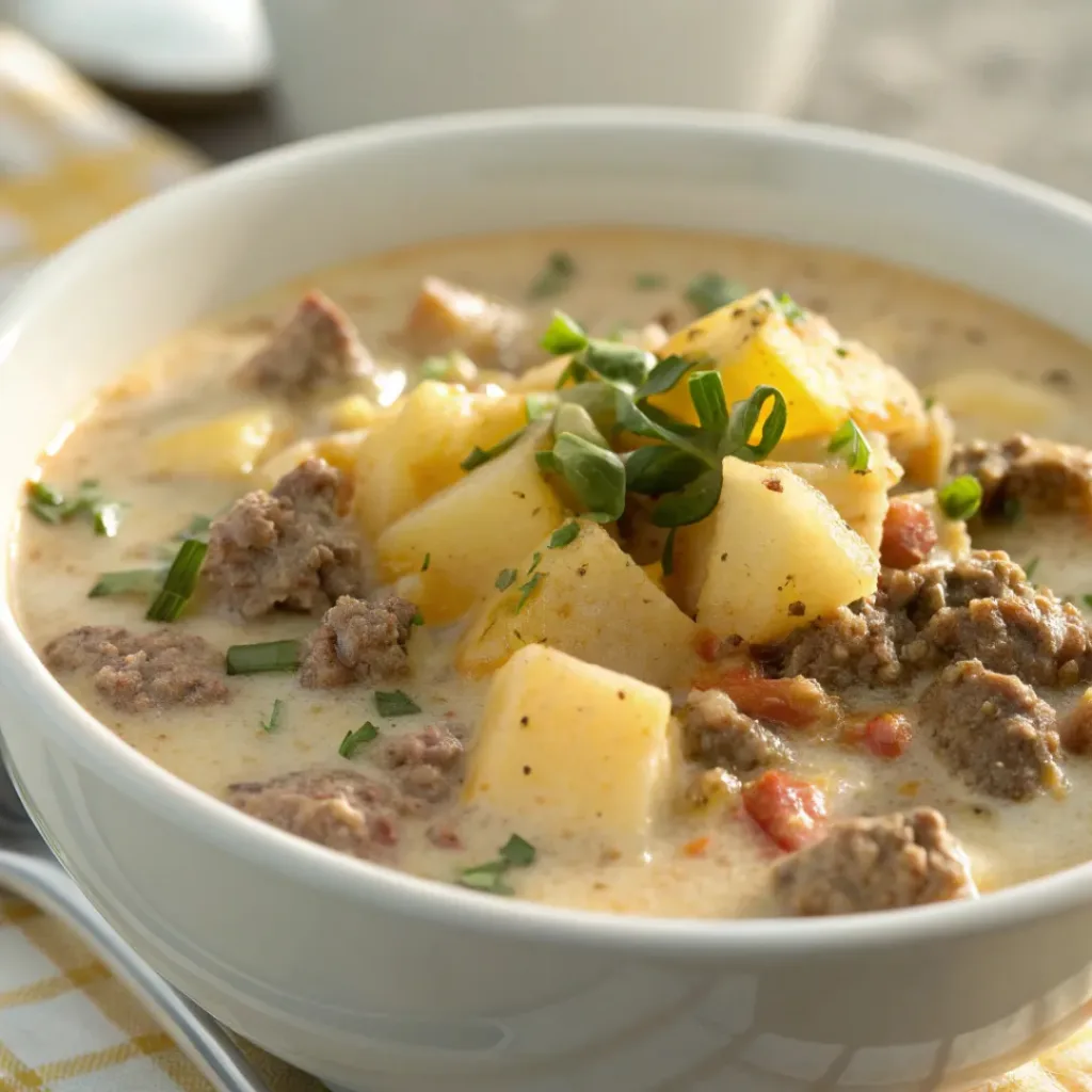 Bowl of creamy cheeseburger soup with melted cheese and garnishes