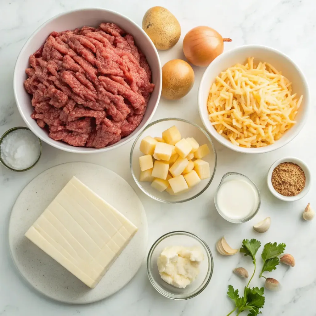 Flat lay of ground beef, potatoes, cheese, milk, and seasonings