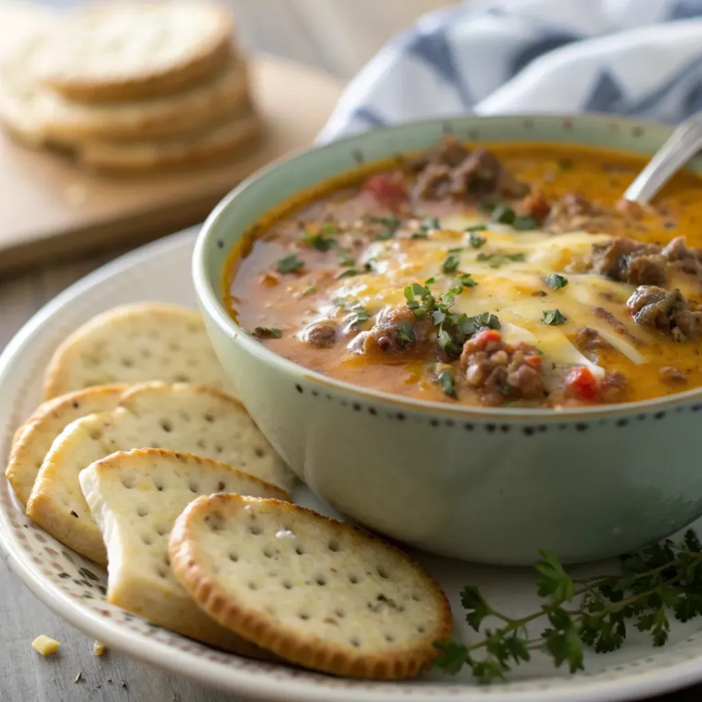 Cheeseburger soup served with toasted bread or crackers