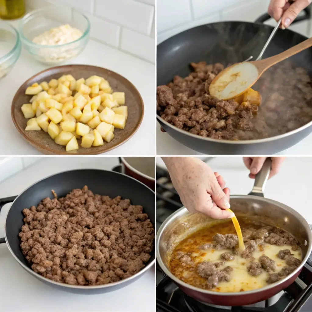 Collage showing steps to make Cheeseburger Soup
