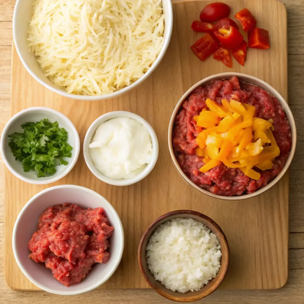 Flat lay of ground beef, rice, cheese, vegetables, and seasonings for casserole