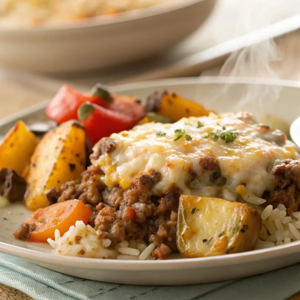 Plate of cheesy ground beef and rice casserole with melted cheese and vegetables, served with salad
