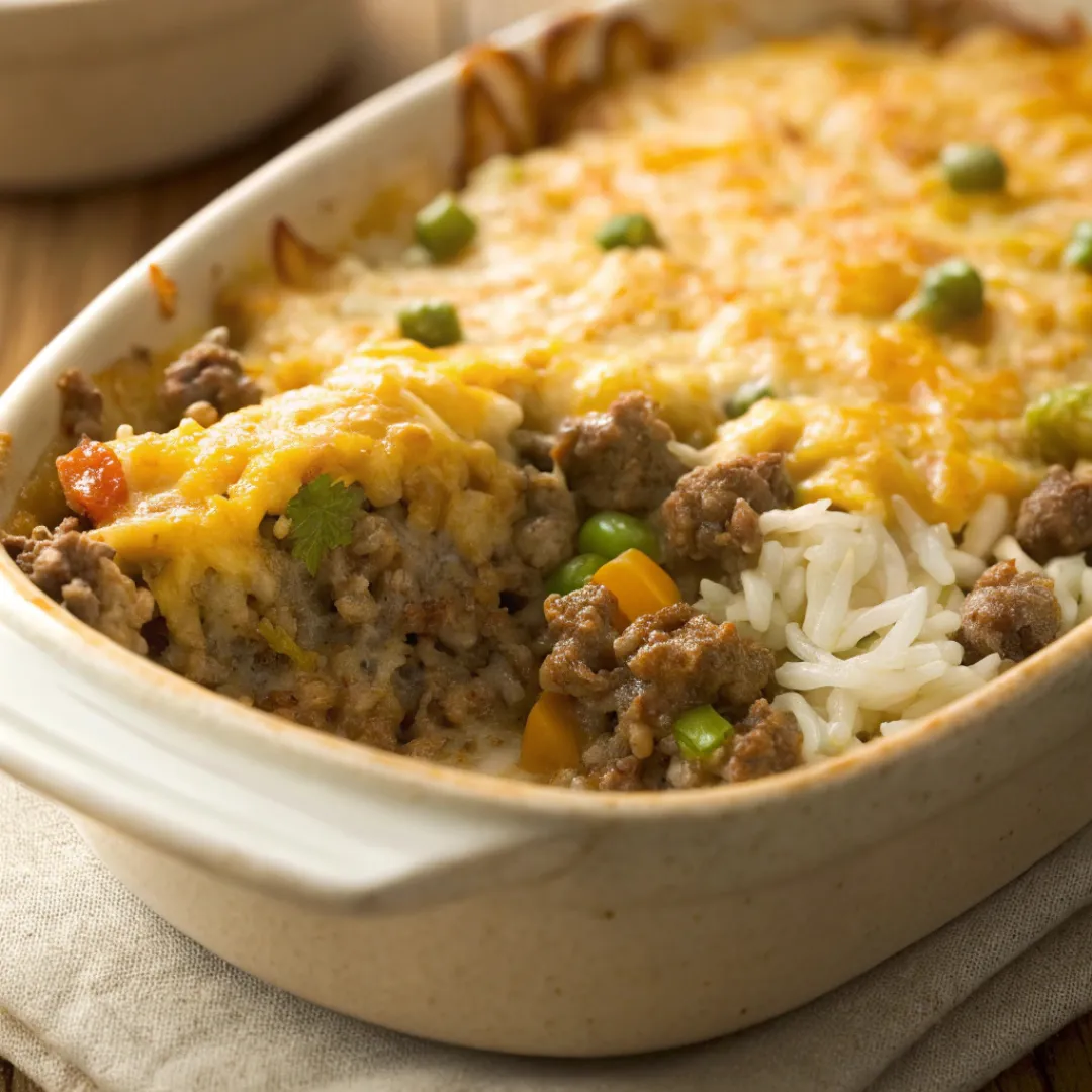 Cheesy ground beef and rice casserole with golden cheese and vegetables