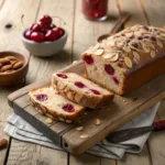 Slice of cherry almond bread on a plate with fresh cherries