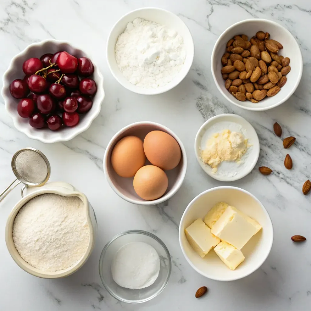 Flat lay of cherries, flour, sugar, eggs, butter, and almonds
