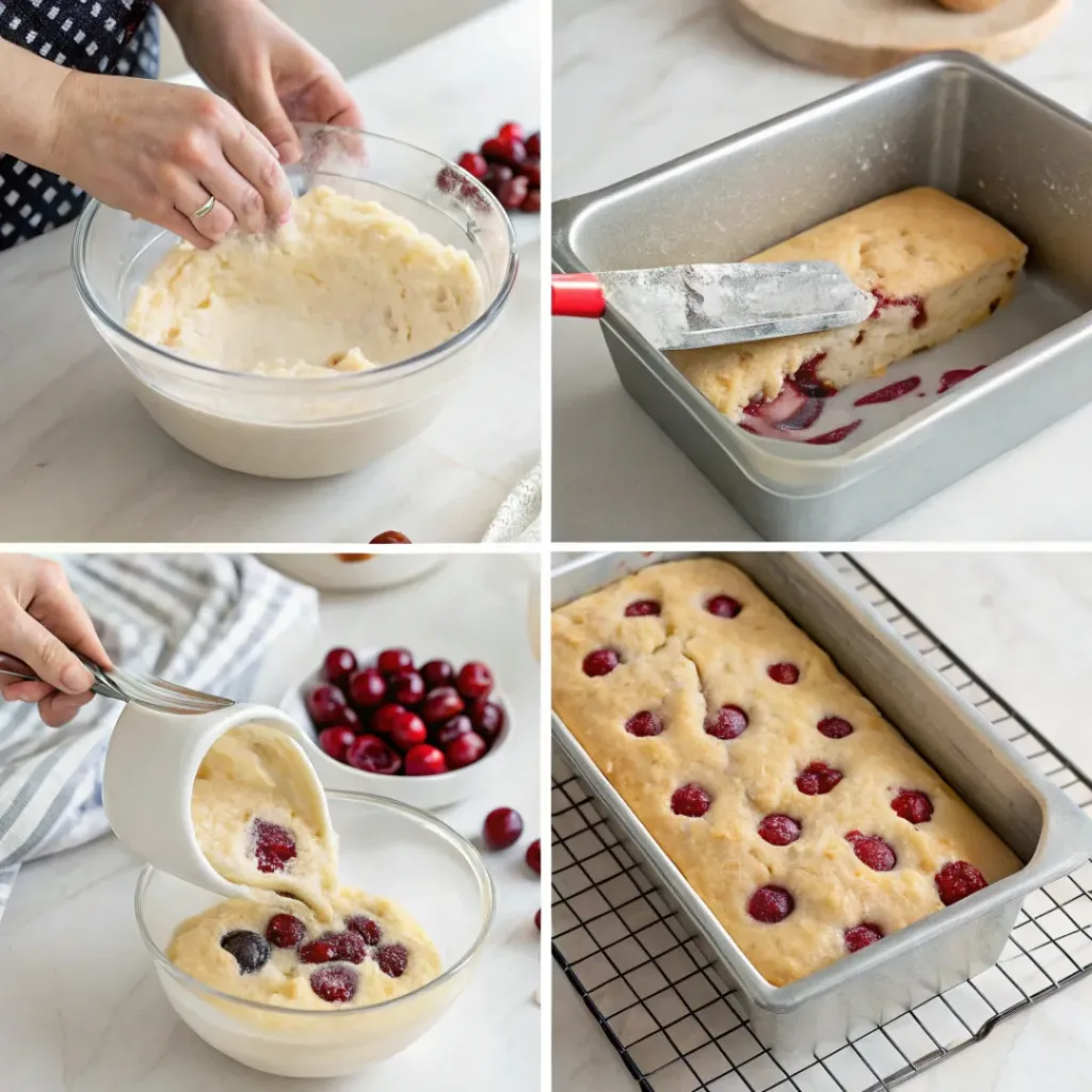 Collage showing steps for making cherry almond bread