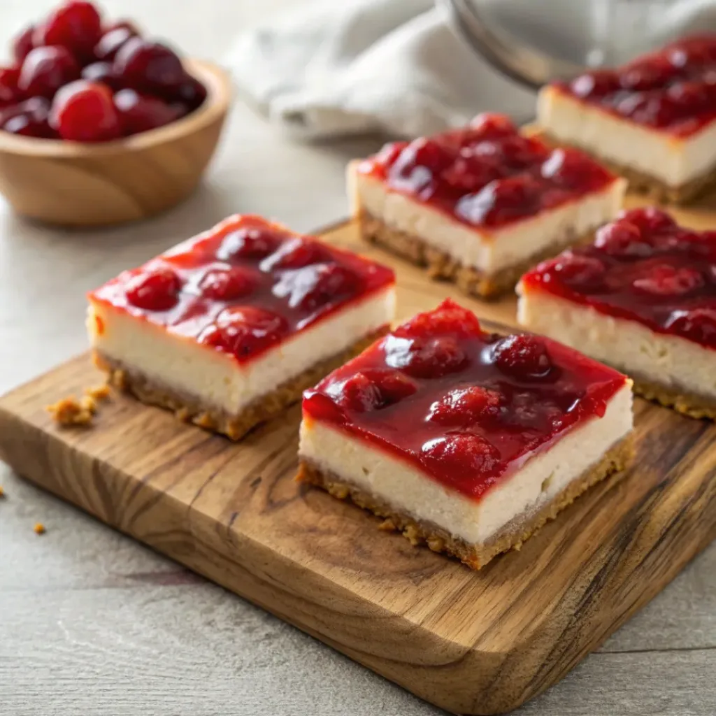 Close-up of Cherry Cheesecake Bars on a serving board