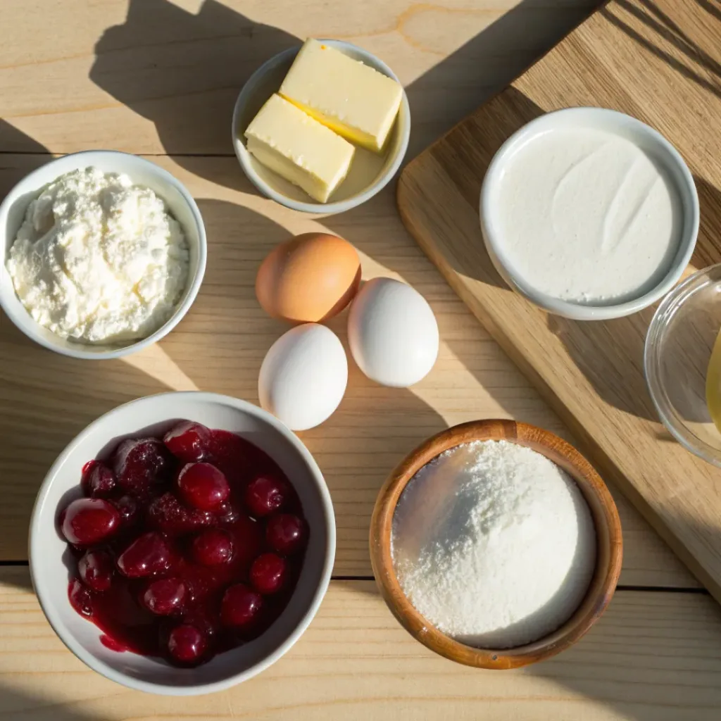 Cherry Cheesecake Bars – Creamy, Fruity, and Irresistible 6 Flat lay of Cherry Cheesecake Bars ingredients