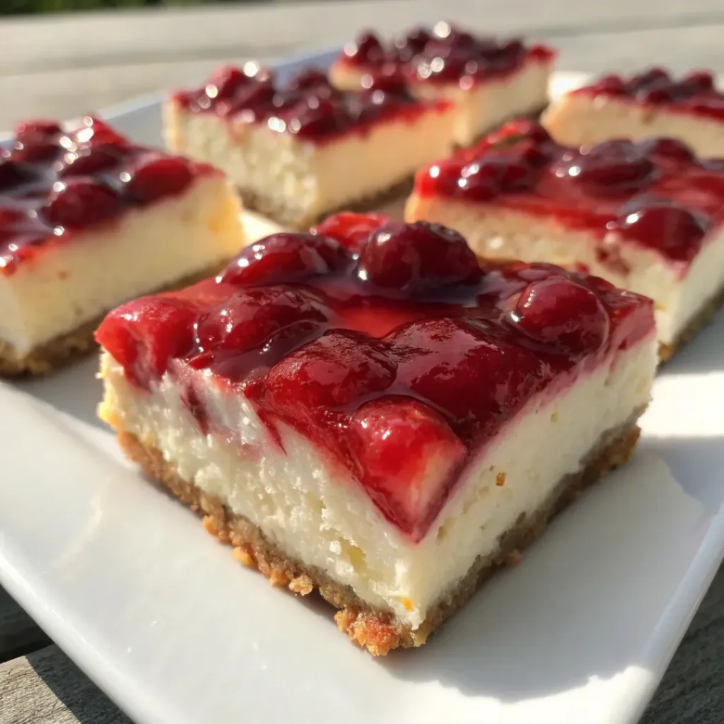 Cherry Cheesecake Bars – Creamy, Fruity, and Irresistible 8 Served Cherry Cheesecake Bars on a plate