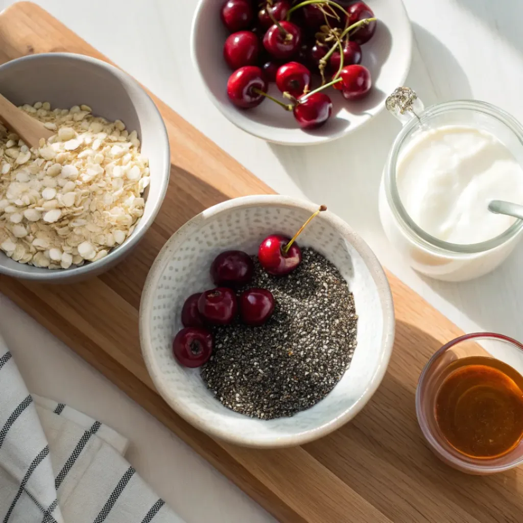Flat lay of Cherry Overnight Oats ingredients