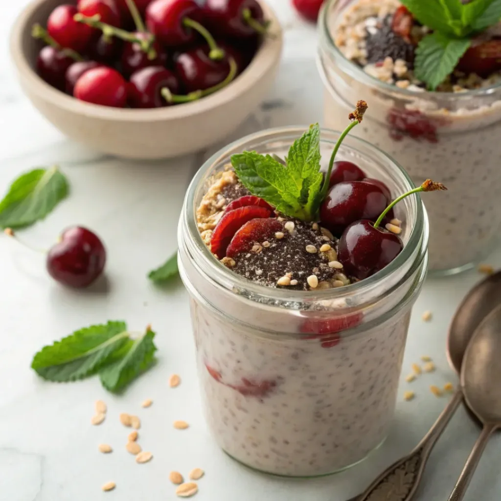 Served Cherry Overnight Oats in jar with cherries and chia seeds