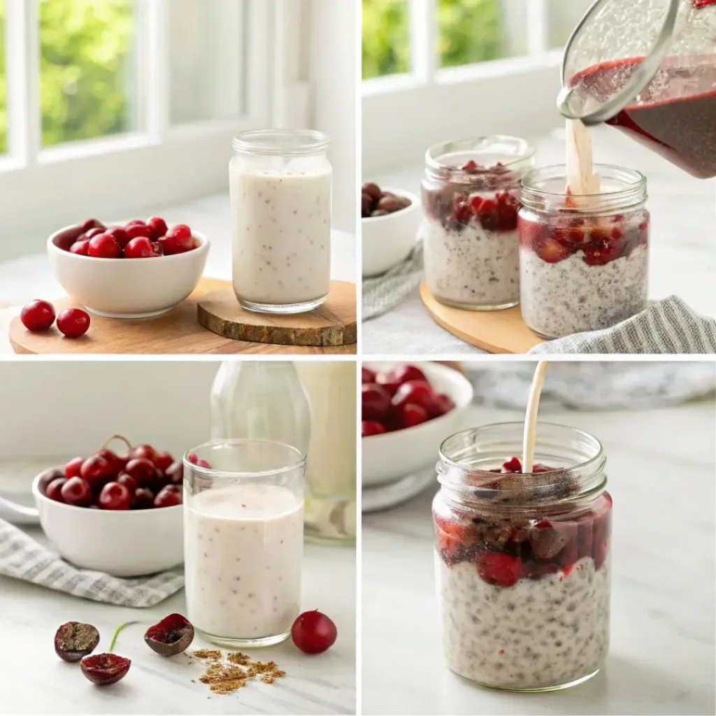 Collage of making Cherry Overnight Oats