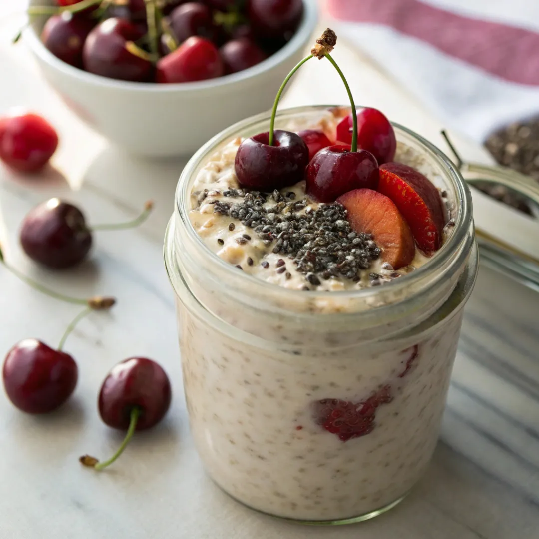 Glass jar of Cherry Overnight Oats with fresh cherries