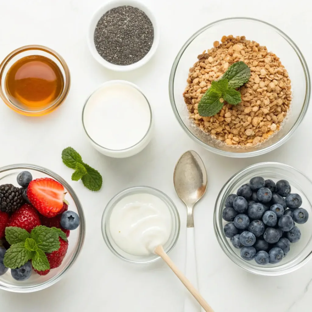 Creamy Chia Seed Pudding Parfaits 6 Flat lay of ingredients for chia pudding parfaits