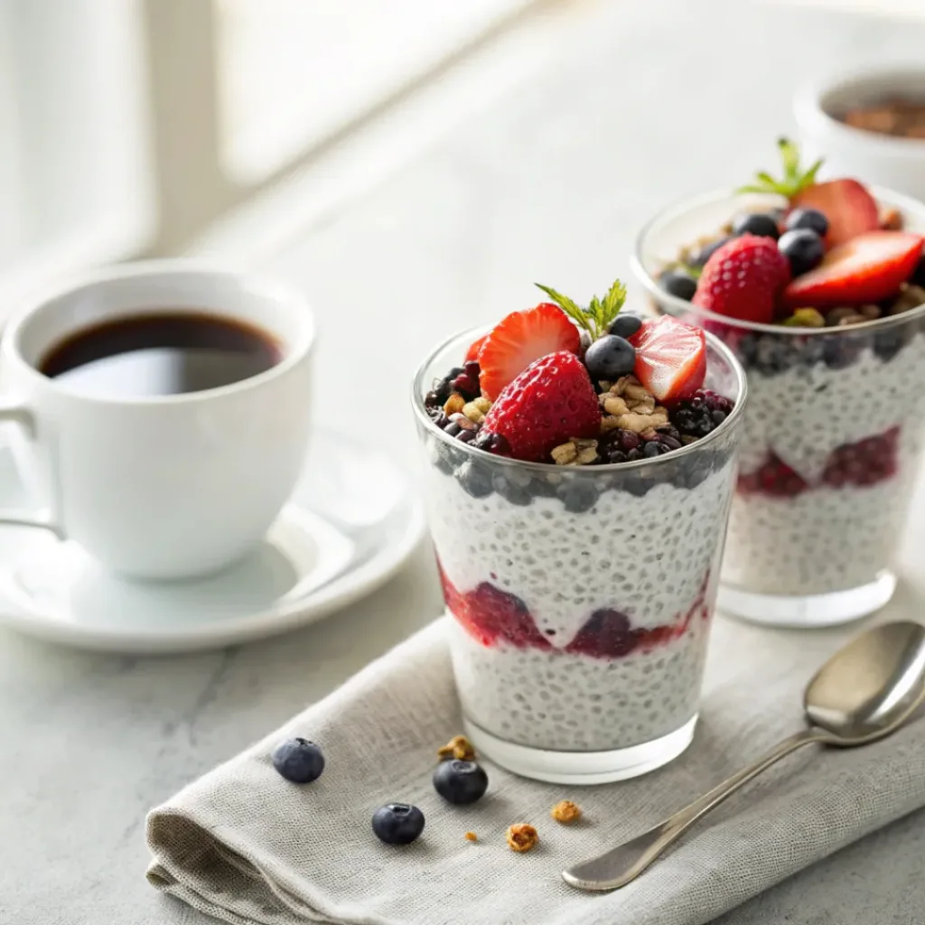 Creamy Chia Seed Pudding Parfaits 8 Chia seed pudding parfaits served with coffee and fruit