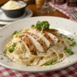 Plate of creamy chicken fettuccine alfredo with parsley and parmesan