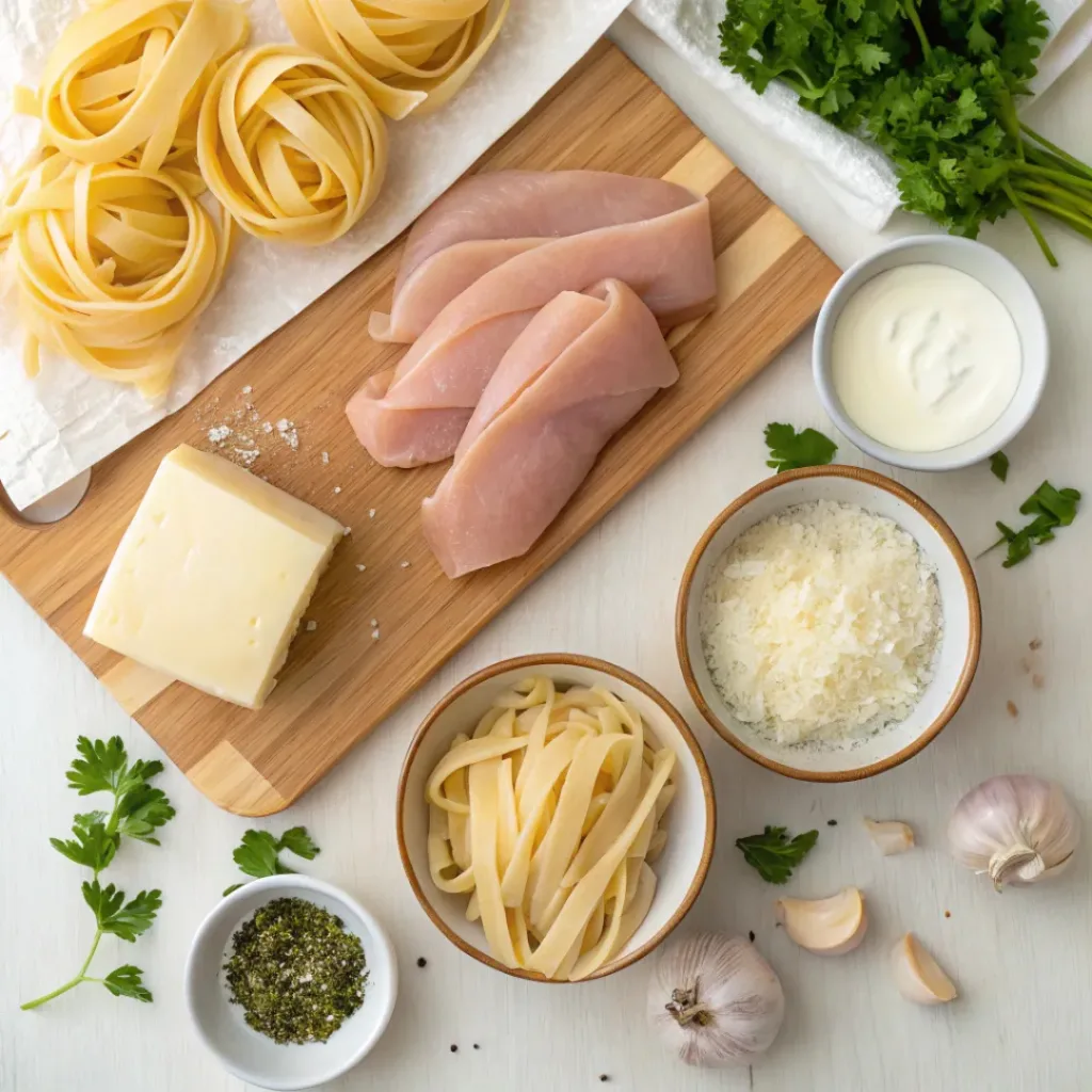 Creamy Chicken Fettuccine Alfredo 6 Overhead flat lay of ingredients for chicken fettuccine alfredo