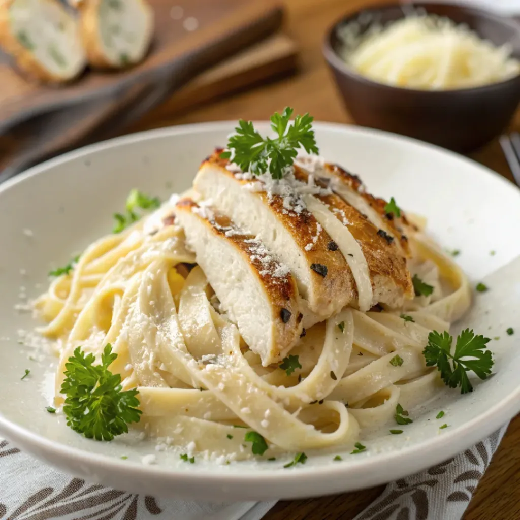 Creamy Chicken Fettuccine Alfredo 8 Chicken fettuccine alfredo plated with garlic bread