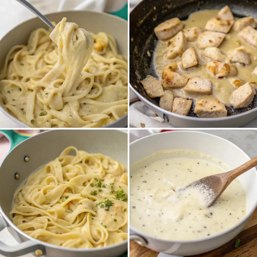 Creamy Chicken Fettuccine Alfredo 7 Step-by-step collage showing preparation of chicken fettuccine alfredo