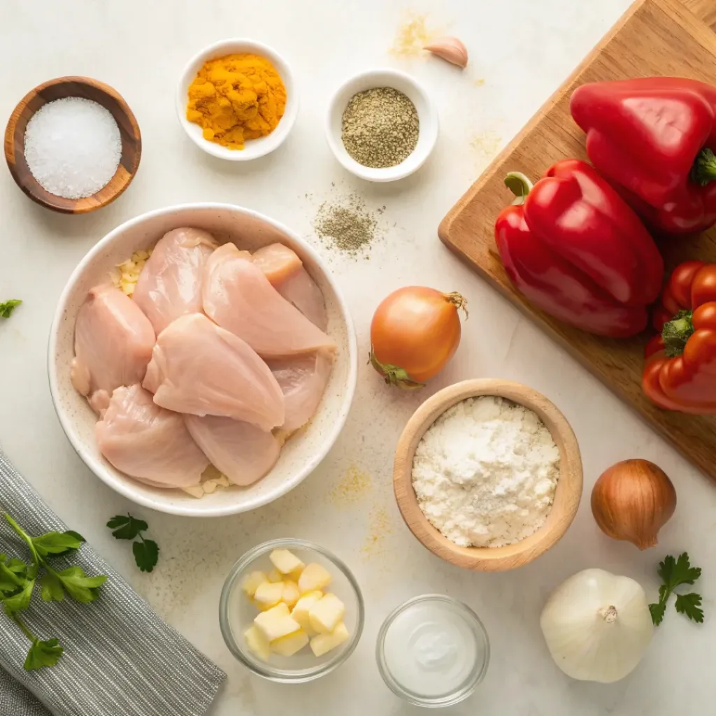 Hungarian Creamy Chicken Paprikash 6 Flat lay of chicken, paprika, onions, cream, and spices
