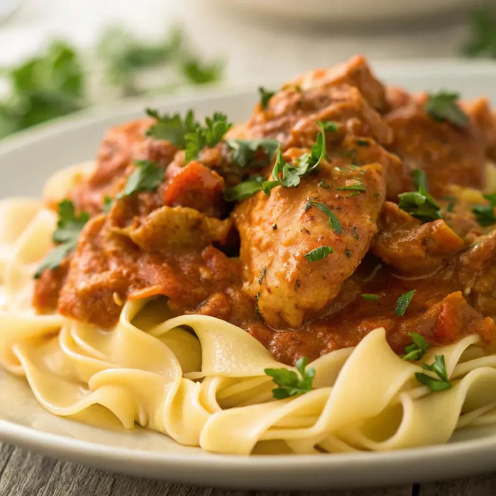 Hungarian Creamy Chicken Paprikash 8 Chicken Paprikash served over egg noodles with parsley