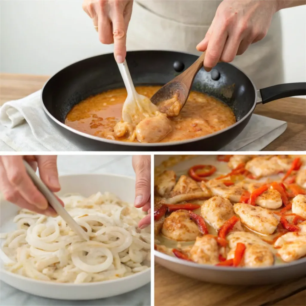 Hungarian Creamy Chicken Paprikash 7 Collage showing steps to make Chicken Paprikash