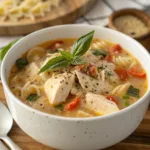 Creamy Chicken Parmesan Soup with chicken, pasta, and Parmesan